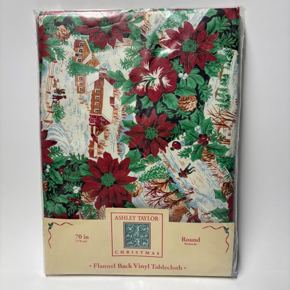 Ashley Taylor Christmas Flannel Back Vinyl Tablecloth 70 Inch Round Poinsettia